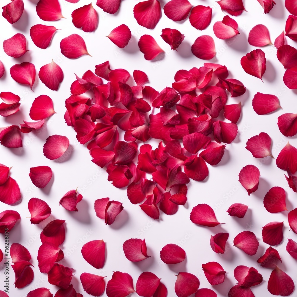 The shape of a heart created within scattered pinkish red rose petals The shape of a heart created within scattered pinkish red rose petals