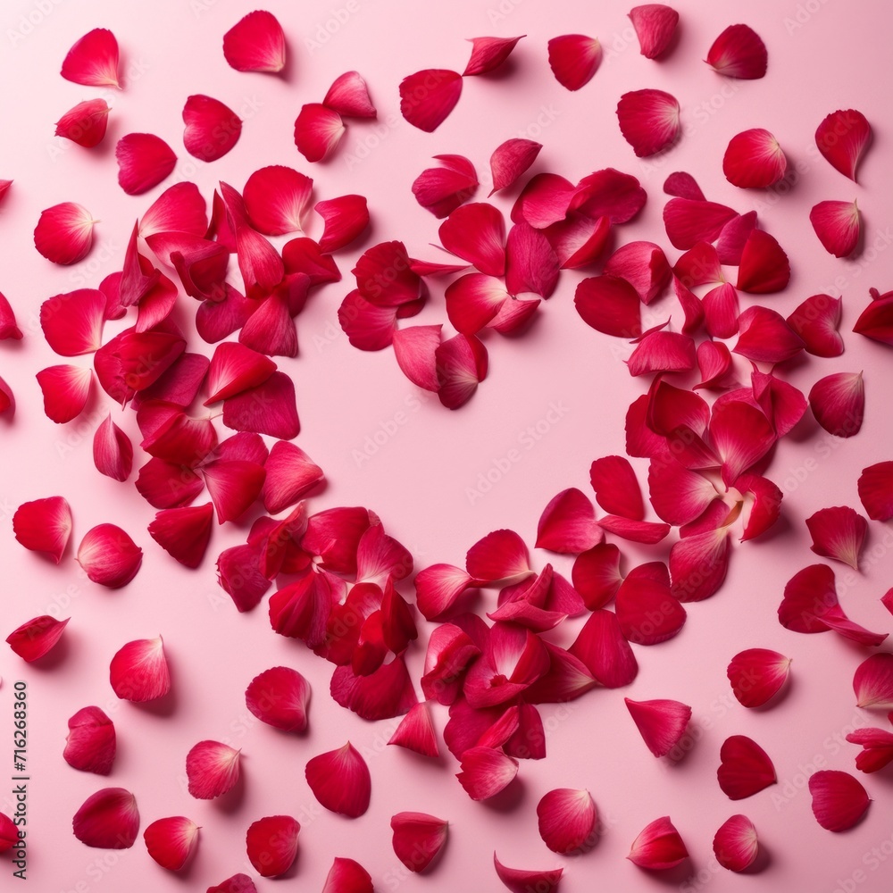The shape of a heart created within scattered pinkish red rose petals