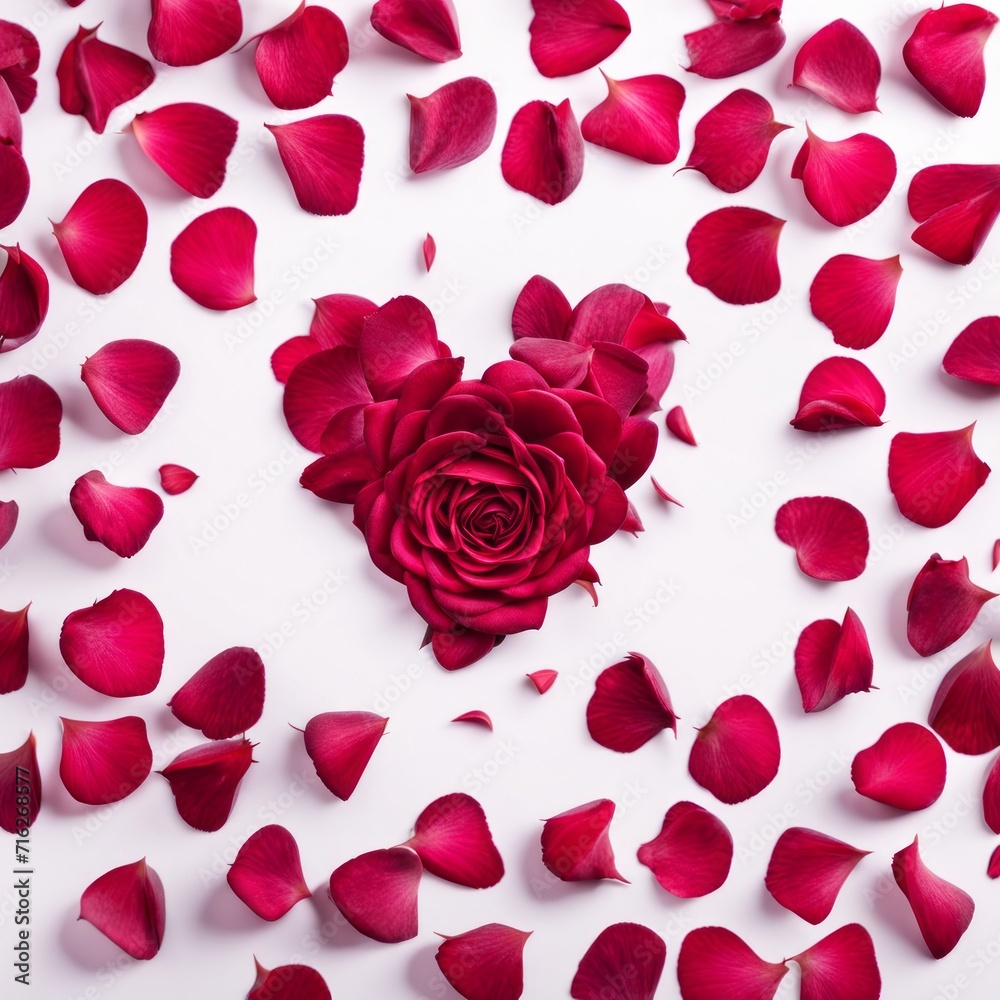 The shape of a heart created within scattered pinkish red rose petals
