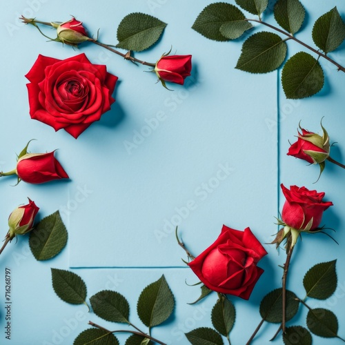 Red rose flower on blue background, Valentine's day greeting card.