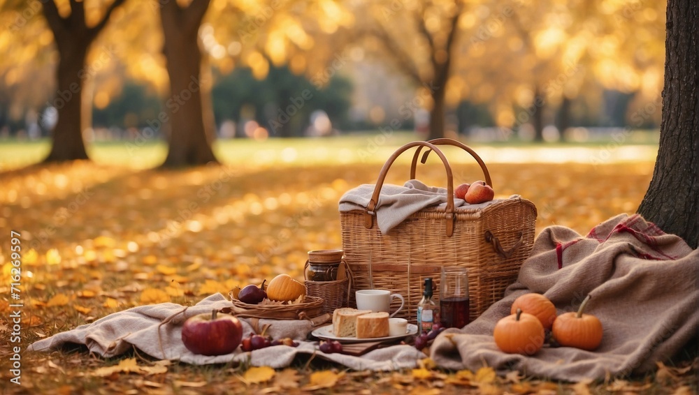 An autumn picnic in the park, surrounded by golden leaves and a cozy blanket Generative AI An autumn picnic in the park, surrounded by golden leaves and a cozy blanket Generative AI