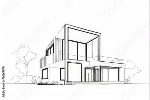 3D Architectural Model, sketch of modern cozy house Black line sketch on white background. House design, Interior Design, landscape Design Architecture Section. 