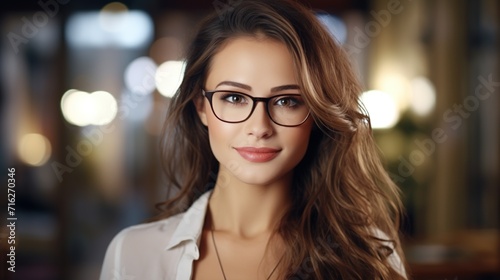 Young Adult Confident Attractive Woman, Beautiful Lady Wearing Glasses Looking at Camera, Close Up 