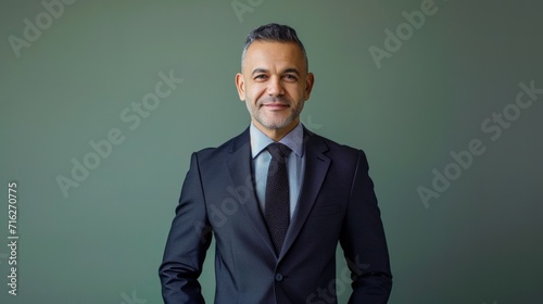 Distinguished Mature Businessman in Classic Charcoal Suit on Sage Green Background