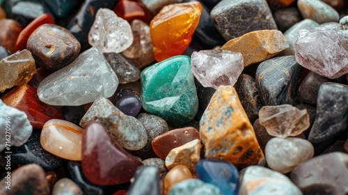 Captivating beach treasure with a pile of semi-precious and precious gemstones, glistening in the sunlight, Ai Generated.