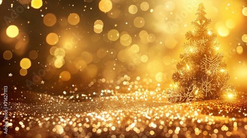 Gold Christmas tree with lights and snowflakes for a festive background, Ai Generated