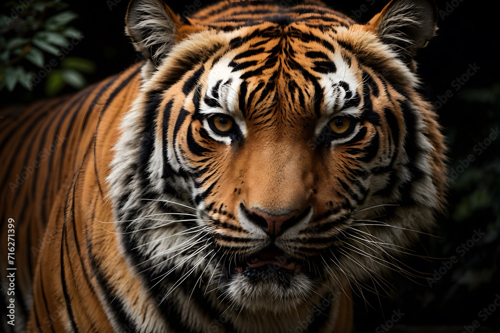 A portrait of a tiger with glorious eyes with an isolated black background A portrait of a tiger with glorious eyes with an isolated black background