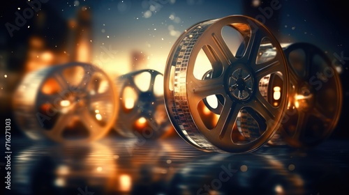 Old cinema film reels in focus against a softly blurred bokeh backdrop, Ai Generated