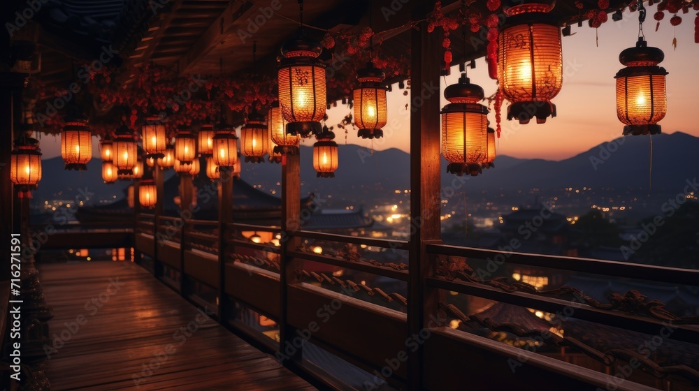 Red lanterns cast a soft glow, enhancing the festivity of the evening, Ai Generated
