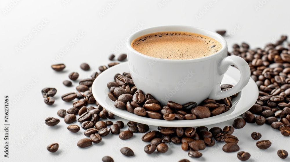 Coffee cup with coffee beans on a saucer on a white background, Ai Generated Coffee cup with coffee beans on a saucer on a white background, Ai Generated