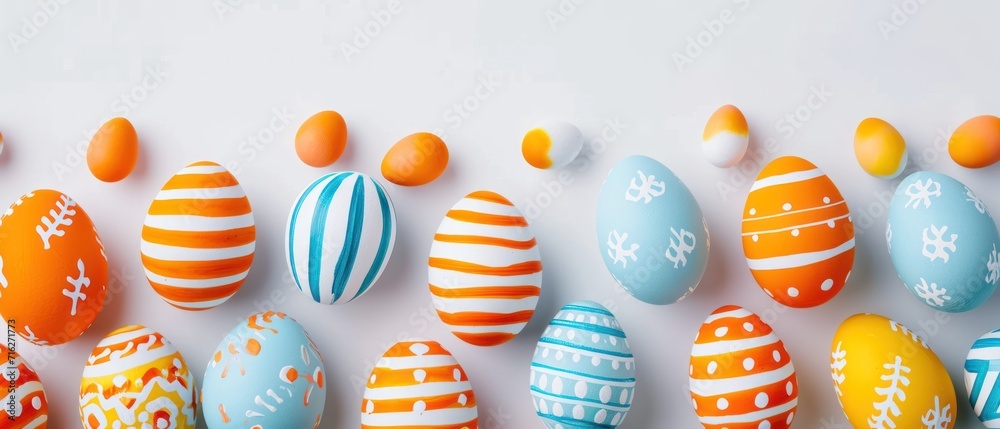 A vibrant collection of colorful orange and blue painted striped Easter eggs, Ai Generated. - obrazy, fototapety, plakaty 