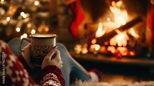 Cozy moments by the fireplace, a mug of hot chocolate or coffee in hand, Ai Generated.