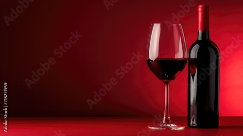 Indulge in the world of sophistication with red wine in a bottle and glass against a vibrant red backdrop, Ai Generated