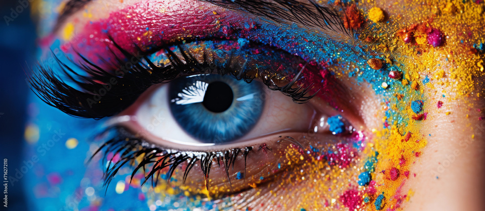 Eye of model with colorful art makeup closeup colorful background. Artistic Vision: Closeup of Model's Eye with Vivid Makeup - obrazy, fototapety, plakaty 