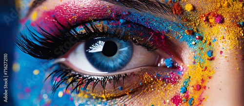 Eye of model with colorful art makeup closeup colorful background. Artistic Vision: Closeup of Model's Eye with Vivid Makeup photo