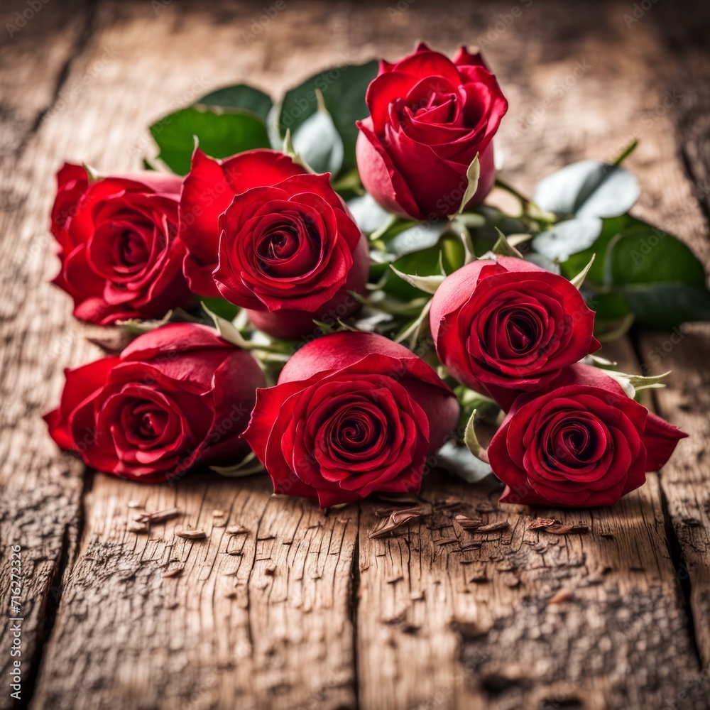 A beautiful bunch of red roses on a wooden background A beautiful bunch of red roses on a wooden background