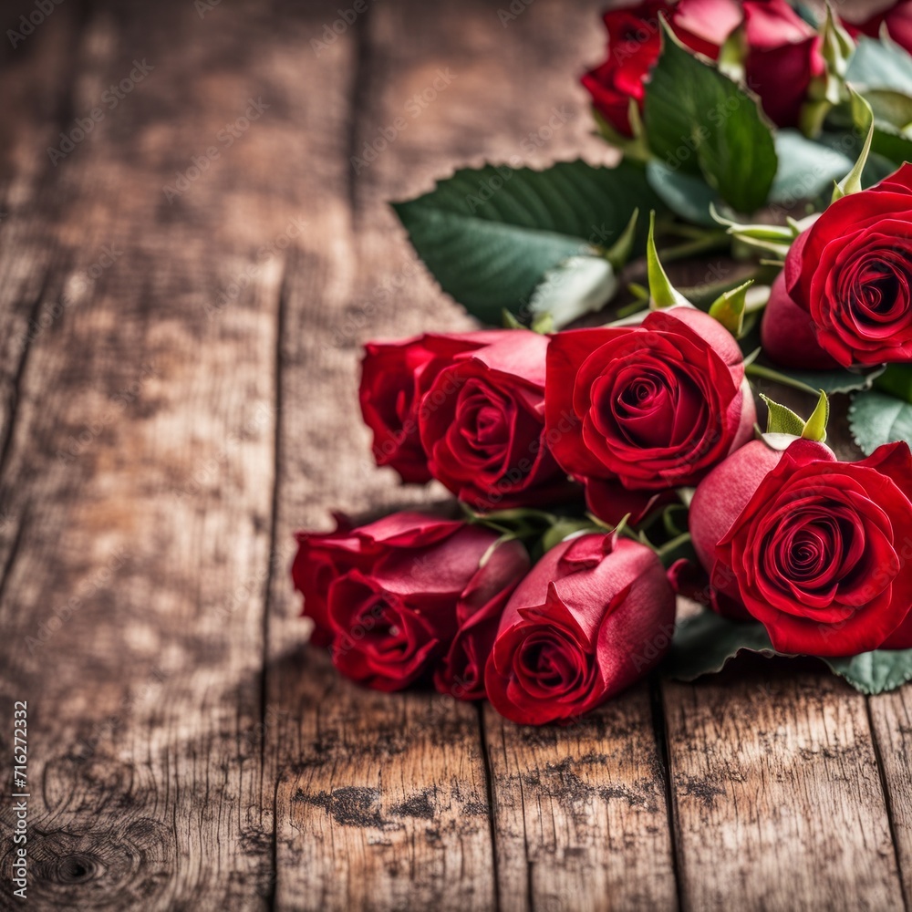A beautiful bunch of red roses on a wooden background A beautiful bunch of red roses on a wooden background