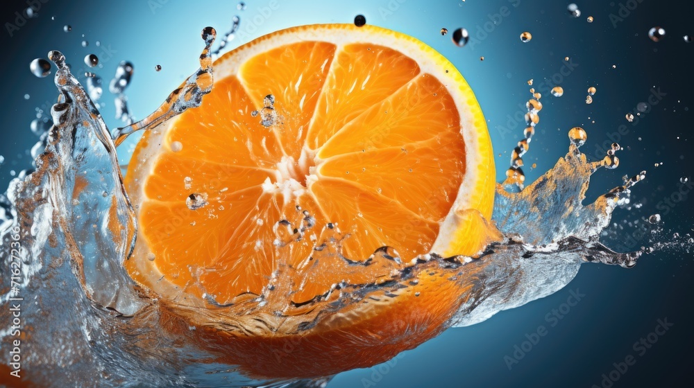 Experience the zest of nature as water dances with a ripe orange, a burst of vitality frozen in time, Ai Generated. Experience the zest of nature as water dances with a ripe orange, a burst of vitality frozen in time, Ai Generated.