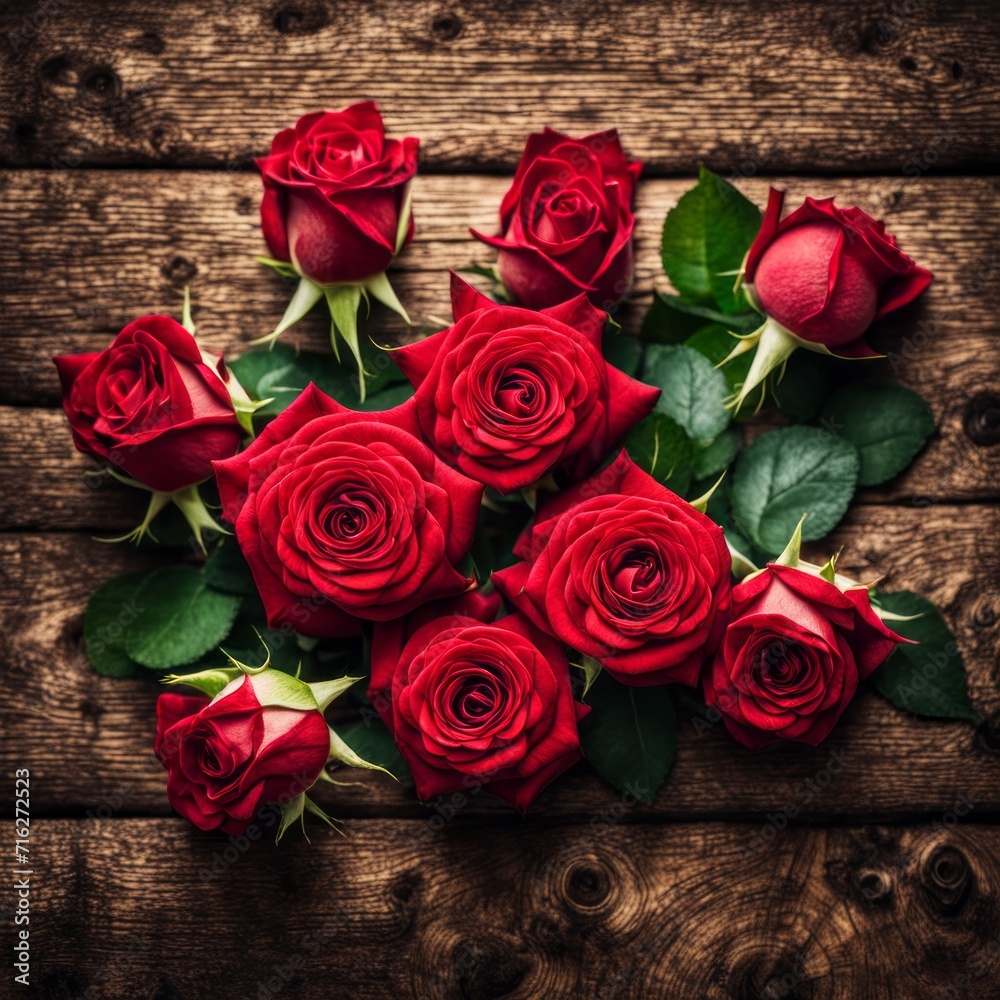 A beautiful bunch of red roses on a wooden background A beautiful bunch of red roses on a wooden background