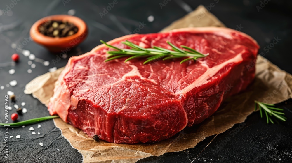 Prepare to savor the gourmet delight of a prime Black Angus Ribeye steak, raw and awaiting culinary perfection against a dramatic dark backdrop, Ai Generated.