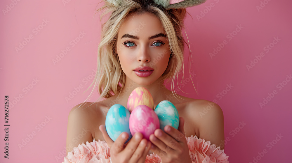 young woman holding a basket with easter eggs young woman holding a basket with easter eggs