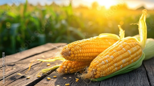 Embrace the essence of farm-fresh goodness with plump corn cobs set against the backdrop of a picturesque cornfield, Ai Generated.