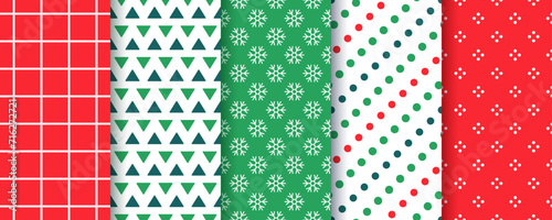 Christmas seamless pattern. Geometric backgrounds with snowflake, polka dots, triangles. Set holiday textures. Festive wrapping paper. Red green prints. Vector illustration. Scrapbook design