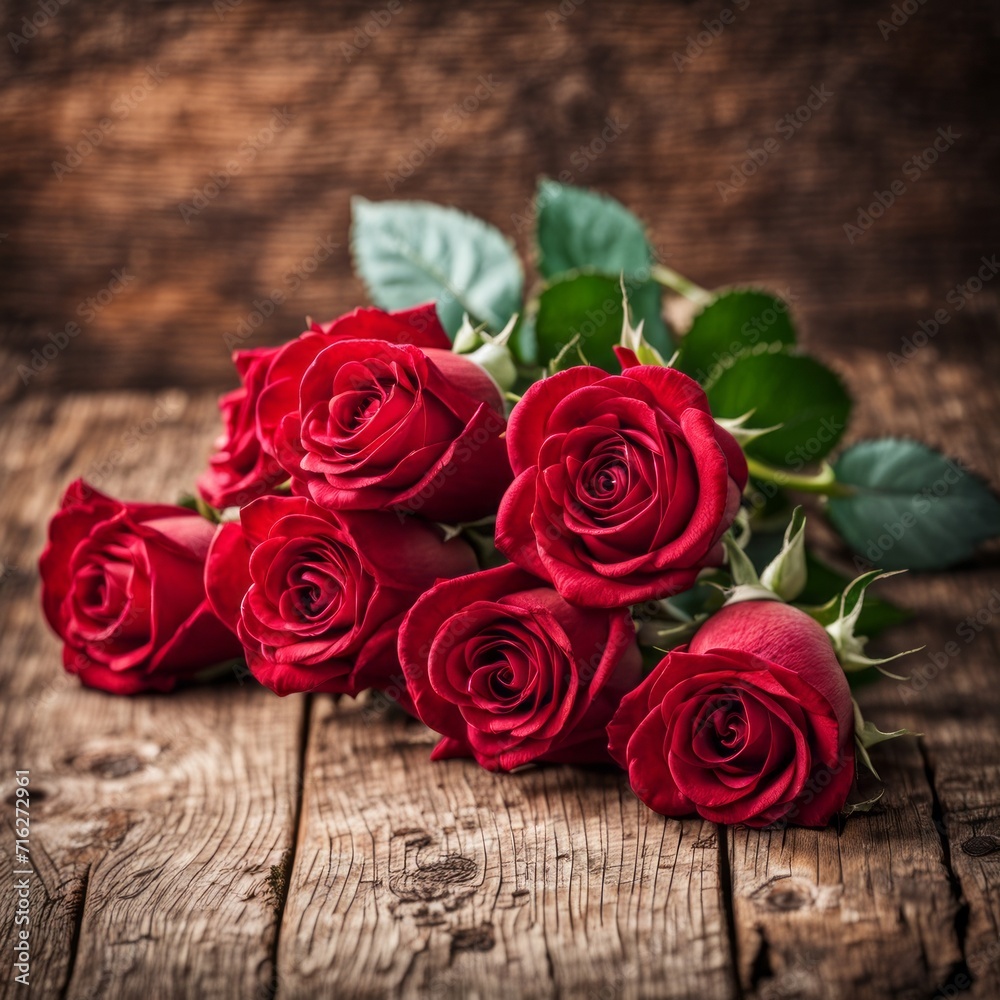 A beautiful bunch of red roses on a wooden background A beautiful bunch of red roses on a wooden background
