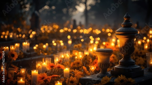 The cemetery is adorned with numerous lit candles and vibrant yellow marigold flowers, Ai Generated.