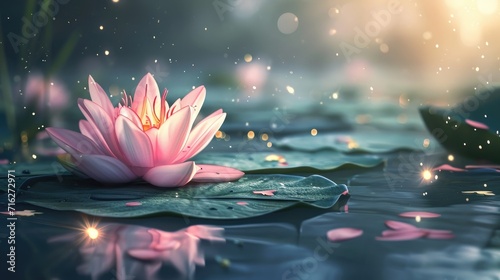 A bright fairy-tale lotus flower, resembling a water lily, bathes in a magical light, Ai Generated.