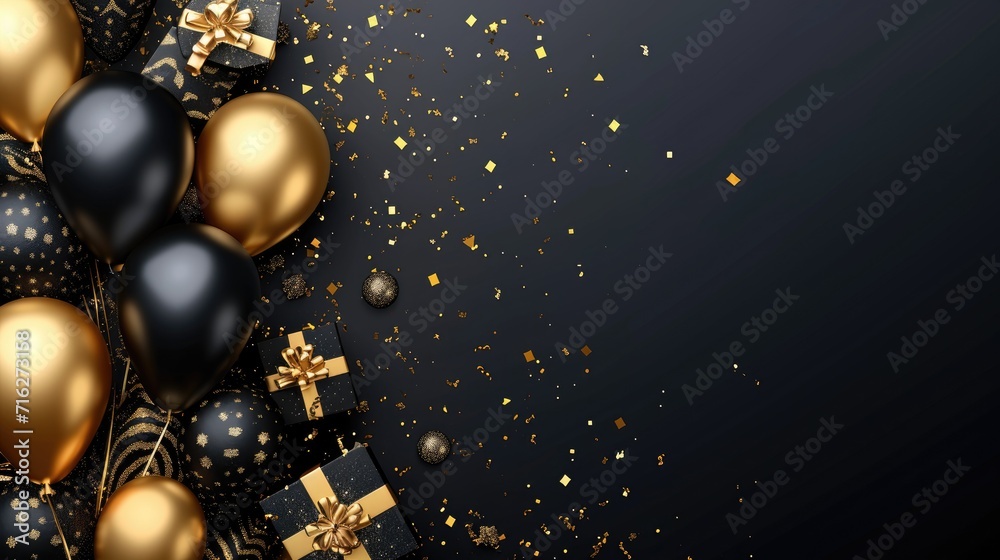 Glamorous Black and Gold Balloons Holiday Celebration Background, Ai Generated