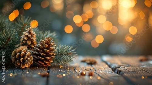 Fir tree branches on a wooden table, their natural elegance highlighted by a bokeh effect, Ai Generated.