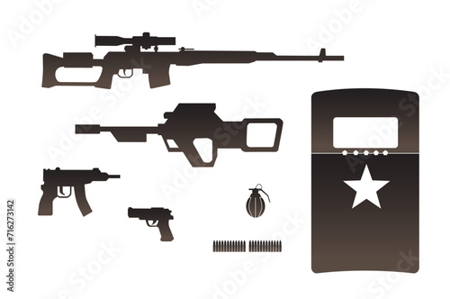 Weapons silhouette set. Collection of various realistic firearms. Isolated assault rifles, sniper rifles, shotguns, handguns, machine guns, historical guns and other.