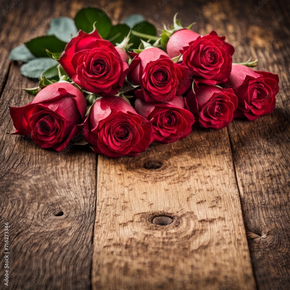 A beautiful bunch of red roses on a wooden background