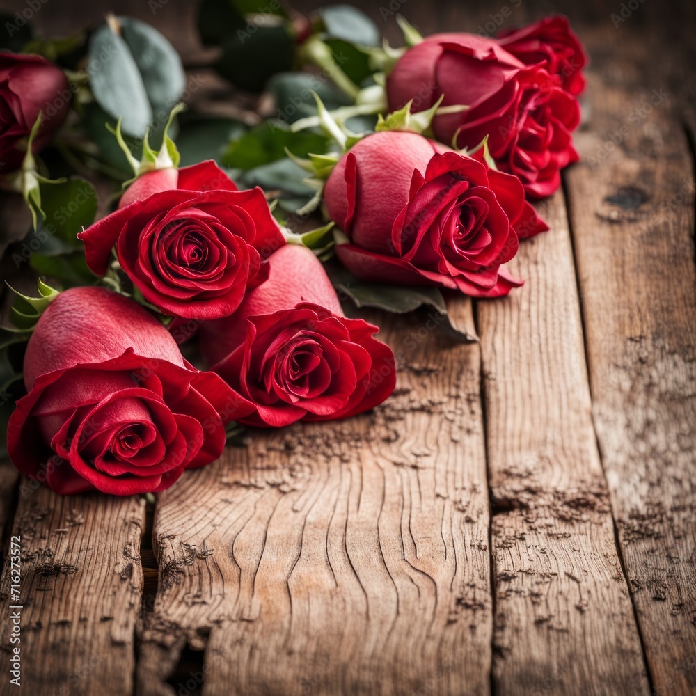 A beautiful bunch of red roses on a wooden background