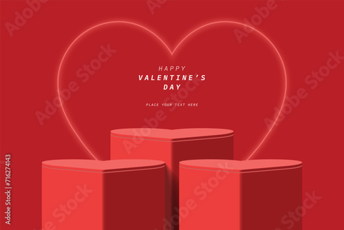 Abstract 3D red cylinder podium pedestal realistic or product display stand with glowing neon light heart shape background. Minimal wall scene for product mockup. Valentine's day promotion design.