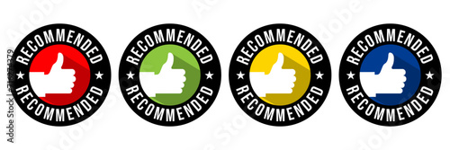 Recommend badges creative vector templates set. Recommendations colorful tags design with thumbs up isolated on white background. Best products, approved quality, warranty paper ribbons collection