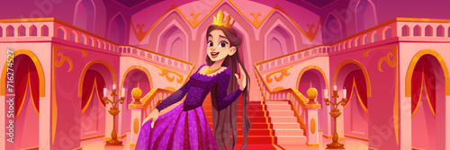 Princess girl with long brown hair and crown in castle hall with stairs. Fairytale palace interior with happy smiling female royal person in long dress. Fantasy medieval kingdom hallway with ladder.
