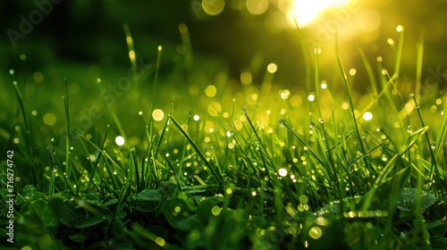 Lush green grass on meadow with drops of water dew in shining light. Generative AI