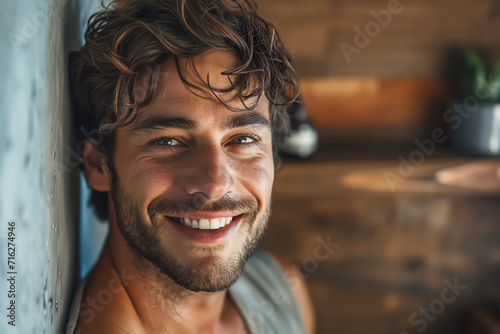 Spa, bathhouse, men's relaxation beauty. Portrait of a handsome happy adult man with a towel sitting in the bathroom and looking at camera
