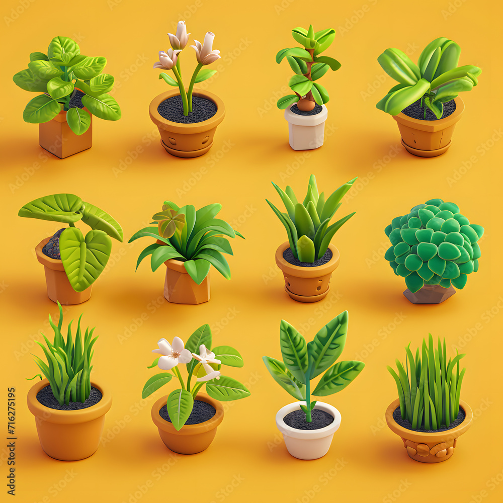 3D Flowerpots with different types of plants. Isolated on yellow background
