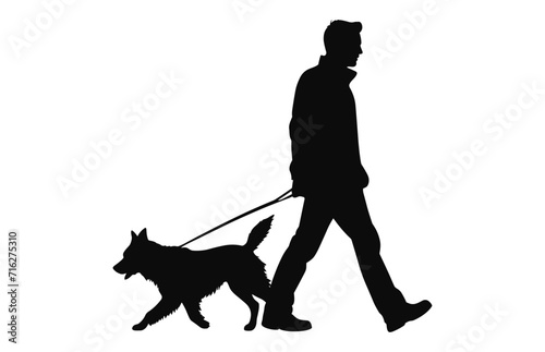 Men Walking with Dog vector Silhouette isolated on a white background