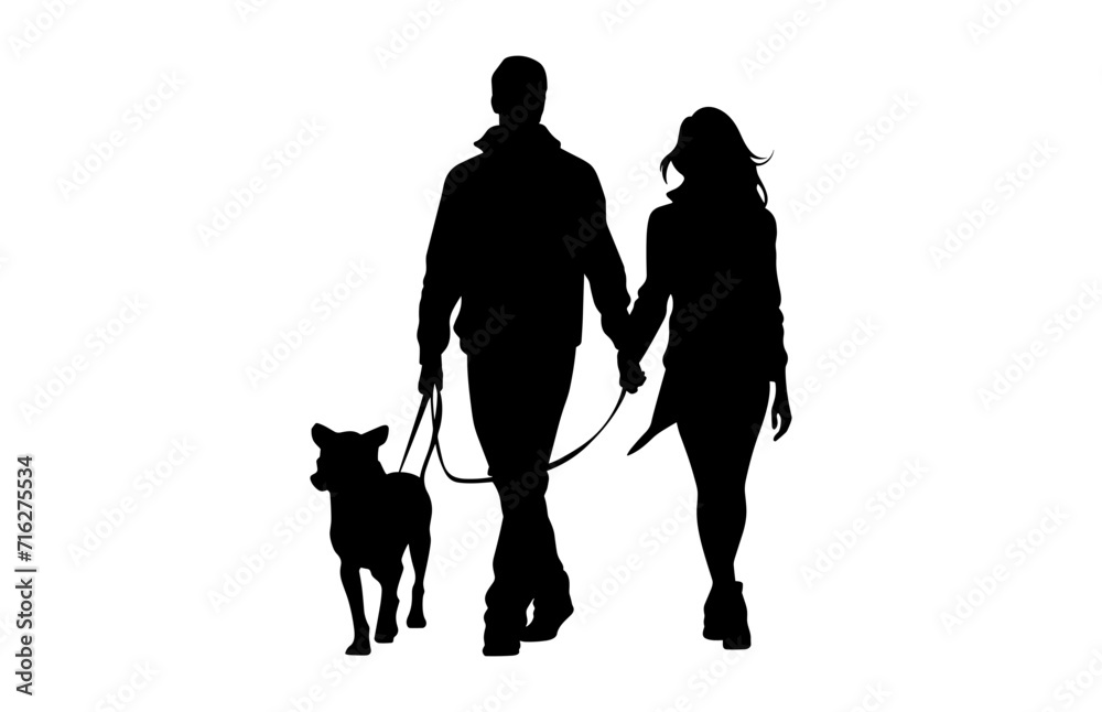 People Walking with Dog Silhouette vector isolated on a white background