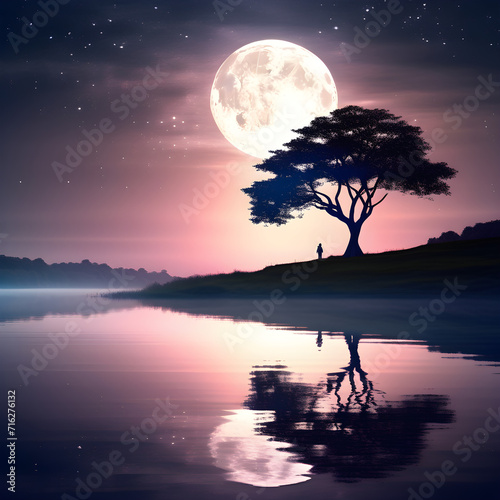 A serene  moonlit night unfolds by a river  with celestial reflections. A lone tree stands beside  creating a mesmerizing  ethereal spectacle.