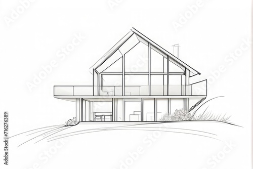 Modern house plan, architectural floor plan with sections and elevations. Minimalist linear sketch or Wireframe drawing.