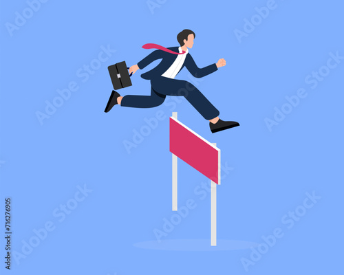 Businessman jumping on the obstacle to win in business competition and reach goal vector illustration.
