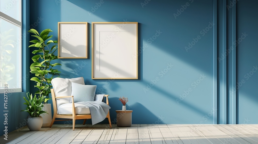 Obraz premium Interior Mock-up Frame with Blue Wall, Wooden Floor, and Green Plant