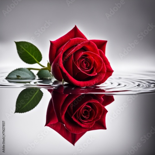 The red rose is reflected on a white background