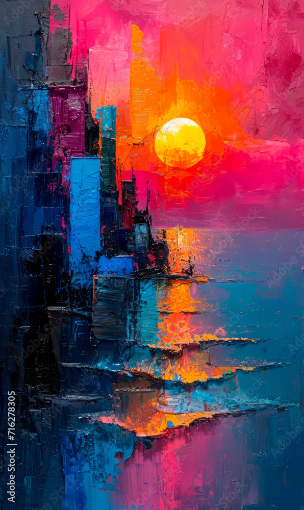 Abstract painting of the sun in the blue and orange sky over the city.