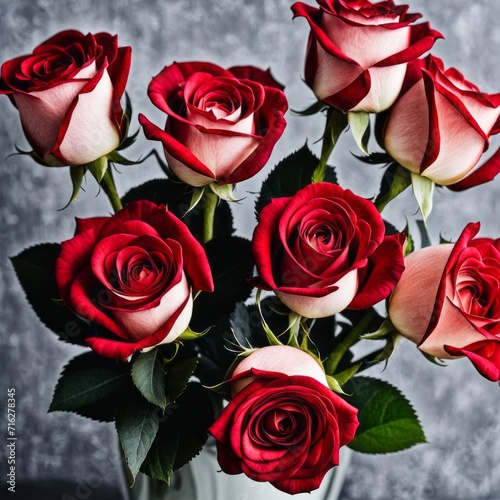 Vibrant Red Roses Bunch Against Blurred Grey Background